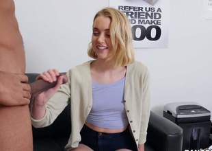 Pale skin blonde Chloe Couture with small tits strips down to her white panties and gives her 1st interracial blowjob. She can't live without getting her mouth screwed by a huge black cock